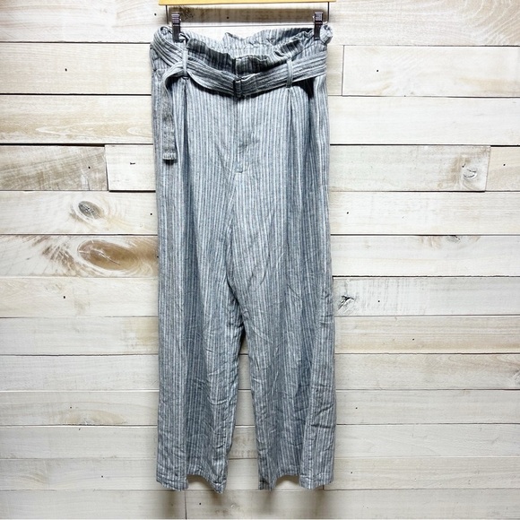 Banana Republic Pants Womens 10 Blue Striped Paper Bag Linen Blend Wide Leg - Picture 1 of 11